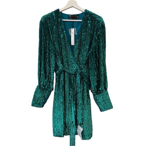 Asos Edition Sequin Wrap Long Sleeve Tie Waist Mini Dress in Teal Green - Picture 3 of 13